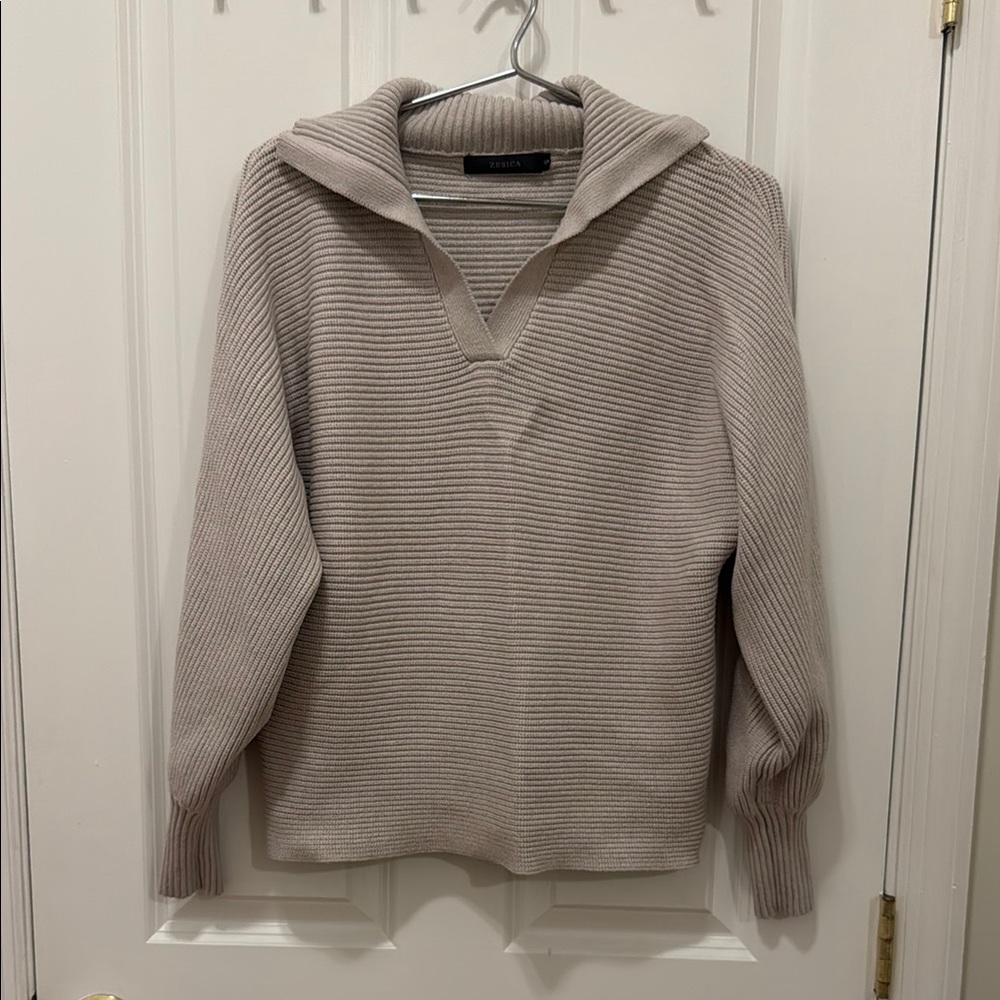 Croft & Barrow V-Neck Ribbed Hooded Sweater - Light Taupe